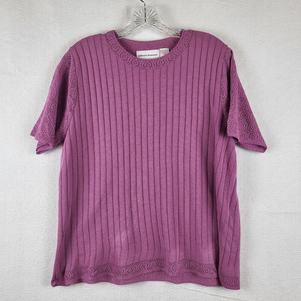 Alfred Dunner Mauve Purple Ribbed Pointelle Knit Short Sleeve Top Womens Medium - Picture 1 of 6